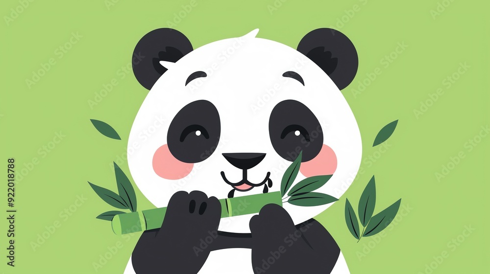 Obraz premium Create a illustration of a Adorable panda munching on bambooin a kawaii style, simplified to feature fewer elements for a cleaner look, Use a color palette that is appealing to children, with b