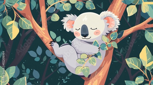 Create a vector illustration of a Koala napping in a eucalyptus treein a kawaii style, simplified to feature fewer elements for a cleaner look, Use a color palette that is appealing to children, with photo