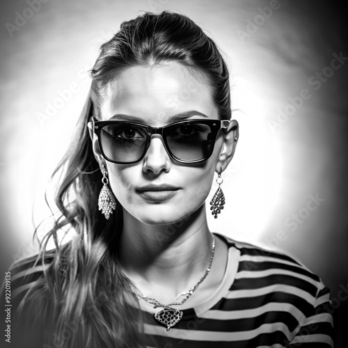 A woman with a black and white photo of her wearing earrings