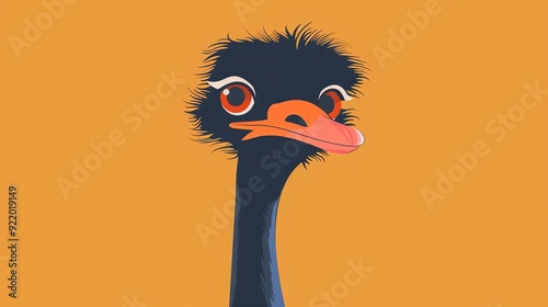 Create a illustration of a Ostrich with its long neckin a kawaii style, simplified to feature fewer elements for a cleaner look, Use a color palette that is appealing to children, with bright a