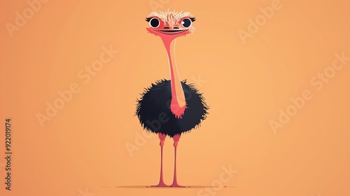 Create a illustration of a Ostrich with its long neckin a kawaii style, simplified to feature fewer elements for a cleaner look, Use a color palette that is appealing to children, with bright a photo