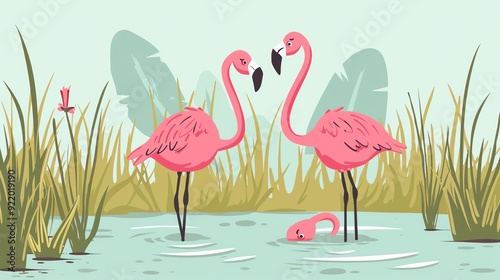 Create a illustration of a Flamingos in a shallow lakein a kawaii style, simplified to feature fewer elements for a cleaner look, Use a color palette that is appealing to children, with bright photo