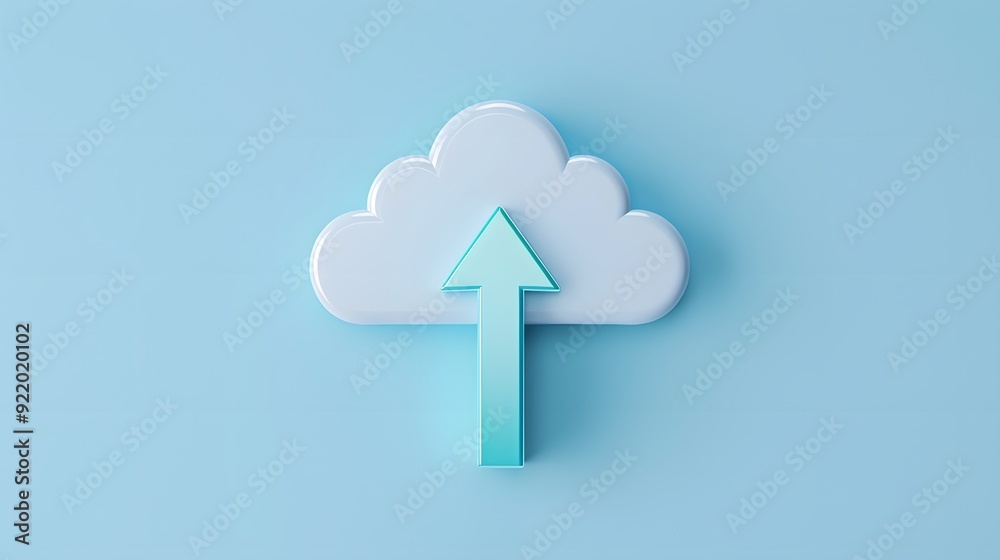 3D cloud icon with upward arrow on a blue background, symbolizing cloud storage, data upload, and online backup services.