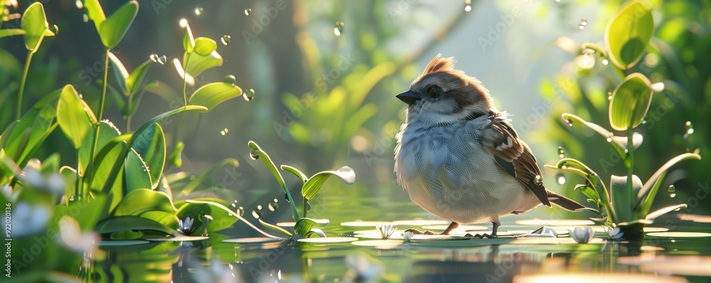 Obraz premium Cute, fluffy sparrow character standing amidst flowers in a sunlit forest. Free copy space for text.