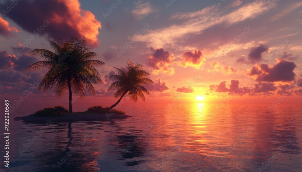 Sunset over tranquil island with palm trees reflecting on calm ocean waters Sunset over tranquil island with palm trees reflecting on calm ocean waters