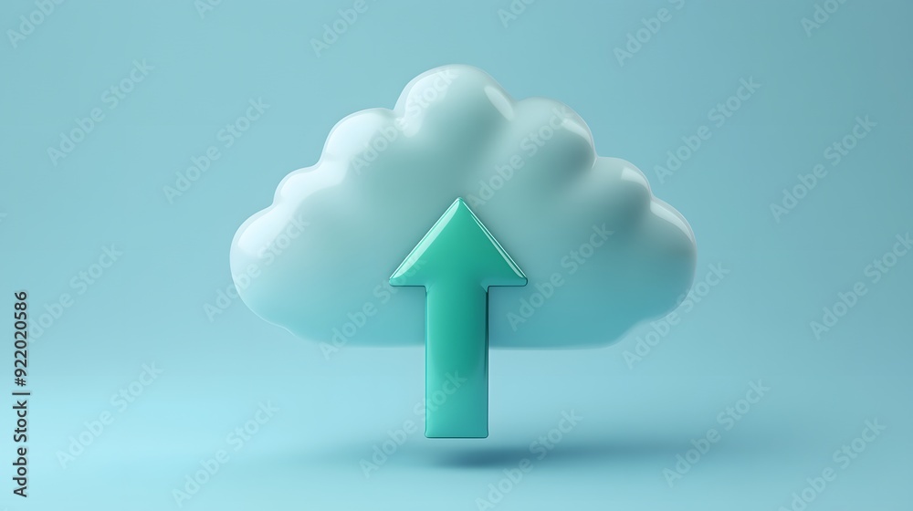 3D cloud icon with upward arrow symbolizing cloud storage, data transfer, and online backup in a blue background. 3D cloud icon with upward arrow symbolizing cloud storage, data transfer, and online backup in a blue background.