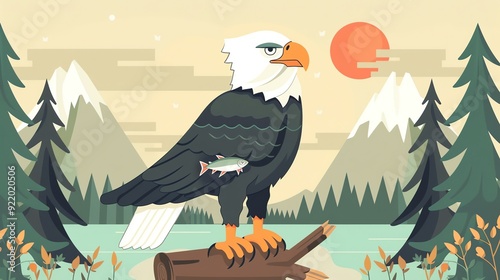 Create a illustration of a Bald eagle in flightin a kawaii style, simplified to feature fewer elements for a cleaner look, Use a color palette that is appealing to children, with bright and che photo