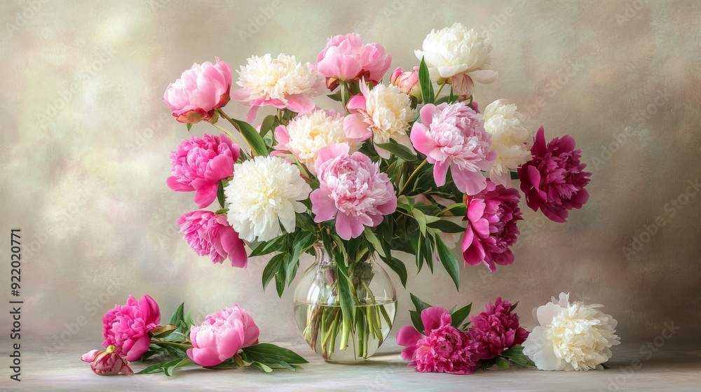 Bouquet of pink and white peonies in glass vase on table Bouquet of pink and white peonies in glass vase on table