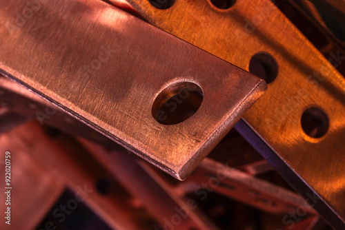 Copper flat busbars close-up, product of the non-ferrous metals industry