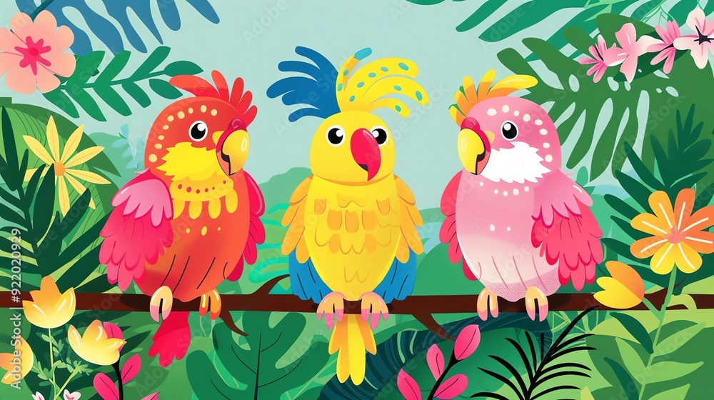 Create a illustration of a Exotic parrots in a cacophony of colorsin a kawaii style, simplified to feature fewer elements for a cleaner look, Use a color palette that is appealing to children, Create a illustration of a Exotic parrots in a cacophony of colorsin a kawaii style, simplified to feature fewer elements for a cleaner look, Use a color palette that is appealing to children,