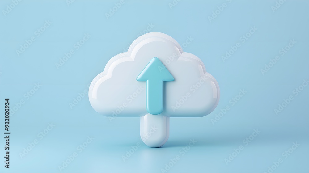 3D cloud symbol with upward arrow representing cloud storage and data upload on light blue background, modern technology concept. 3D cloud symbol with upward arrow representing cloud storage and data upload on light blue background, modern technology concept.