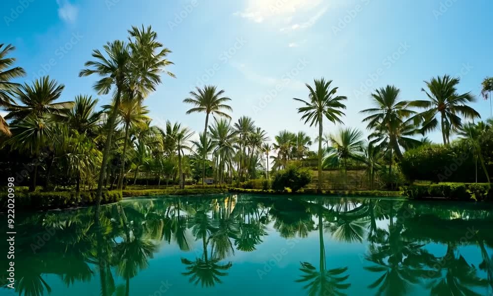 A charming oasis landscape with sparkling waters that reflect palm trees in perfect silence. The blue sky creates the perfect backdrop for this peaceful and incredibly picturesque view.
A charming oasis landscape with sparkling waters that reflect palm trees in perfect silence. The blue sky creates the perfect backdrop for this peaceful and incredibly picturesque view.
