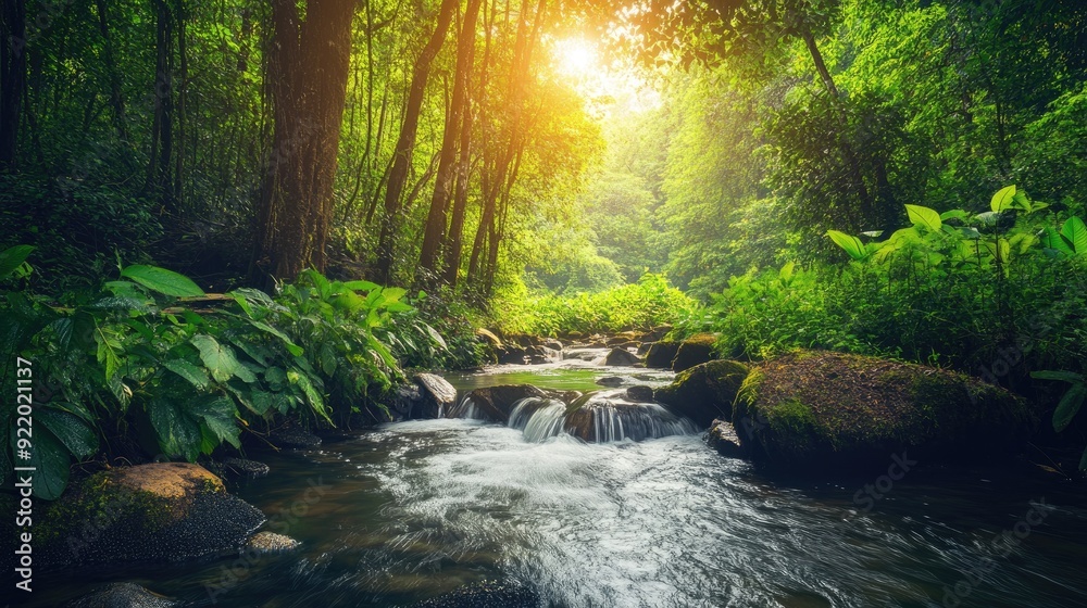Fototapeta premium Tranquil river flowing through lush green forest