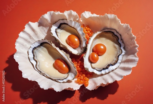 Two open oyster shells with pearls inside, photo