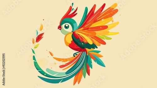 Create a illustration of a Quetzal bird with resplendent tail feathersin a kawaii style, simplified to feature fewer elements for a cleaner look, Use a color palette that is appealing to childr