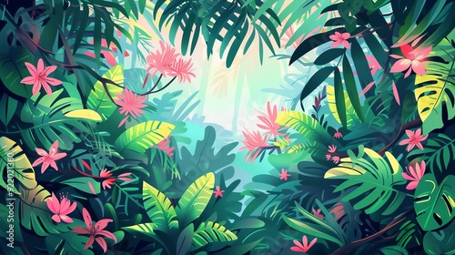 Create a vector illustration of a Breathtaking jungle canopy viewin a kawaii style, simplified to feature fewer elements for a cleaner look, Use a color palette that is appealing to children, with bri photo