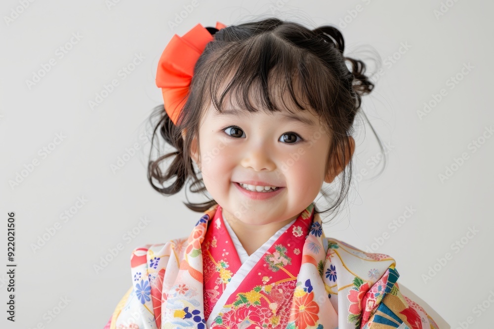 A cute Japanese girl wearing a high-contrast colorful kimono and a random hairstyle poses against a white background. A cute Japanese girl wearing a high-contrast colorful kimono and a random hairstyle poses against a white background.
