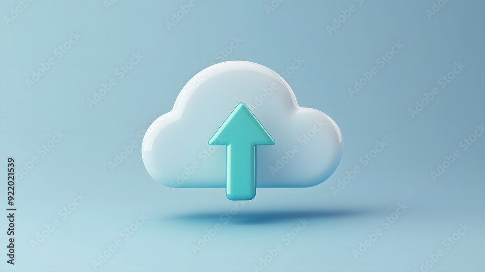 3D cloud with an upward arrow symbolizing data upload and cloud computing on a light blue background. 3D cloud with an upward arrow symbolizing data upload and cloud computing on a light blue background.