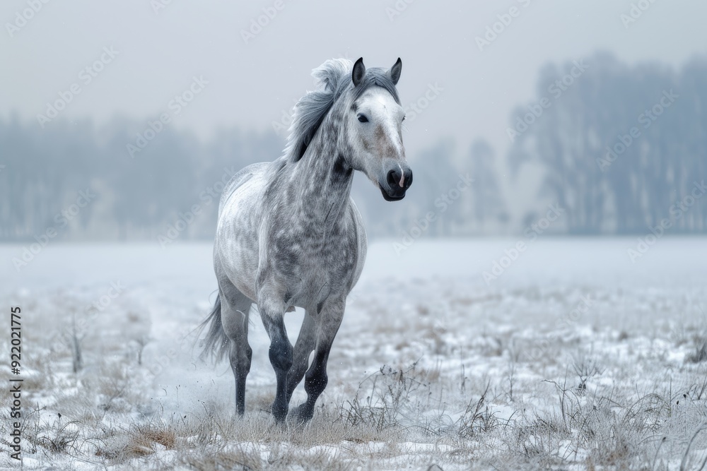 Against the backdrop of a snowy winter field, a graceful white horse runs in a powerful gallop, evoking a sense of wonder and serenity. Against the backdrop of a snowy winter field, a graceful white horse runs in a powerful gallop, evoking a sense of wonder and serenity.