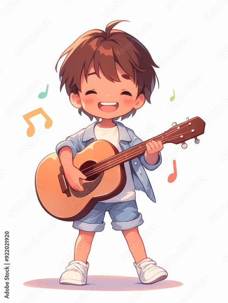 A cheerful child playing guitar, expressing joy through music. A cheerful child playing guitar, expressing joy through music.