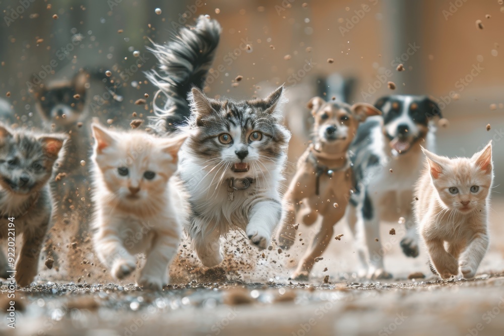 Obraz premium A dog and a cat running together down a path, their playful expressions capturing a moment of joy and companionship in an outdoor setting with dynamic energy of the scene.