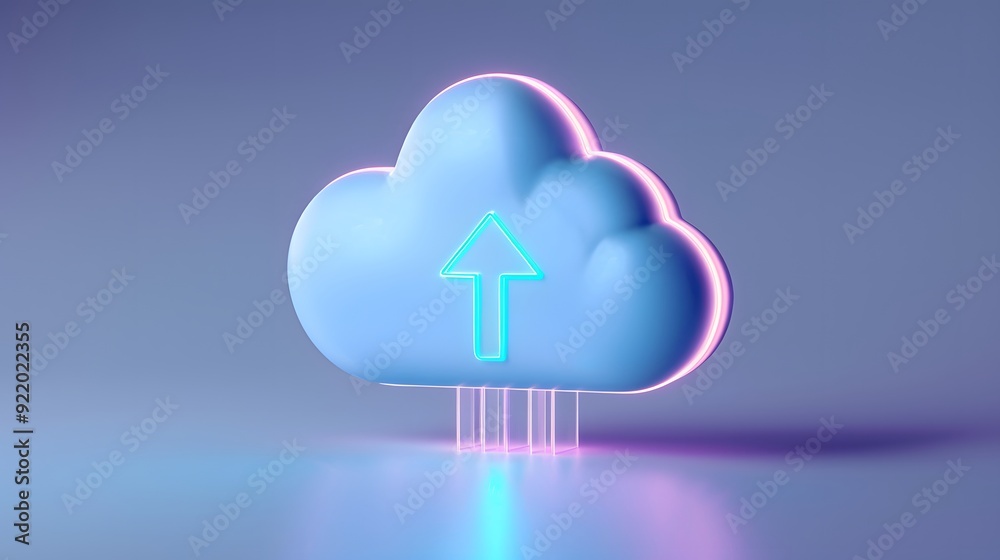 3D illustration of a blue cloud icon with an arrow, symbolizing data upload or cloud computing on a gradient background. 3D illustration of a blue cloud icon with an arrow, symbolizing data upload or cloud computing on a gradient background.