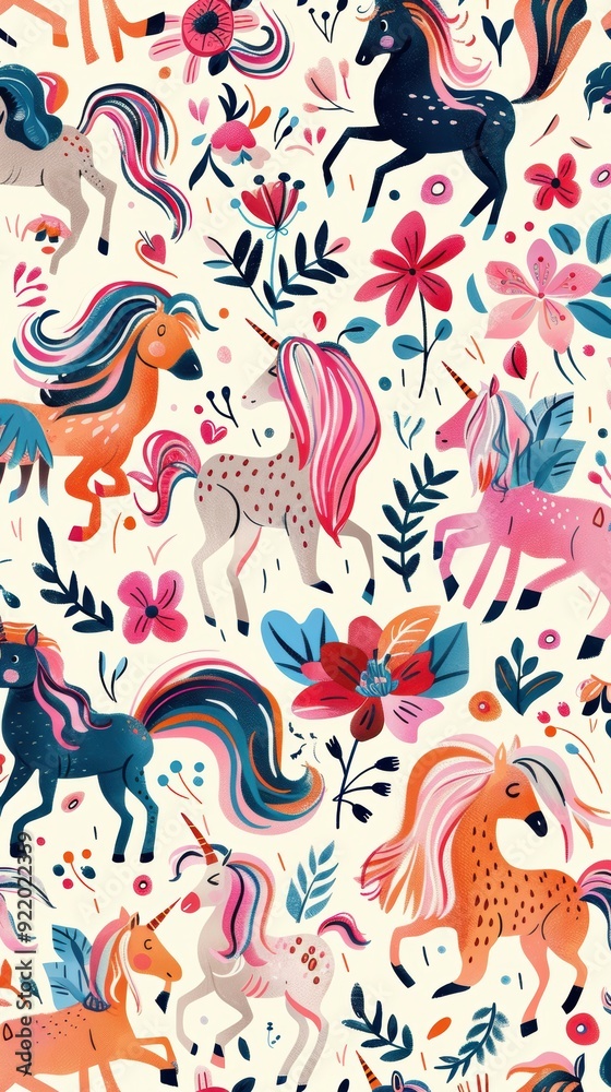 Obraz premium A playful design showcases various horses among blooming flowers, perfect for children's spaces
