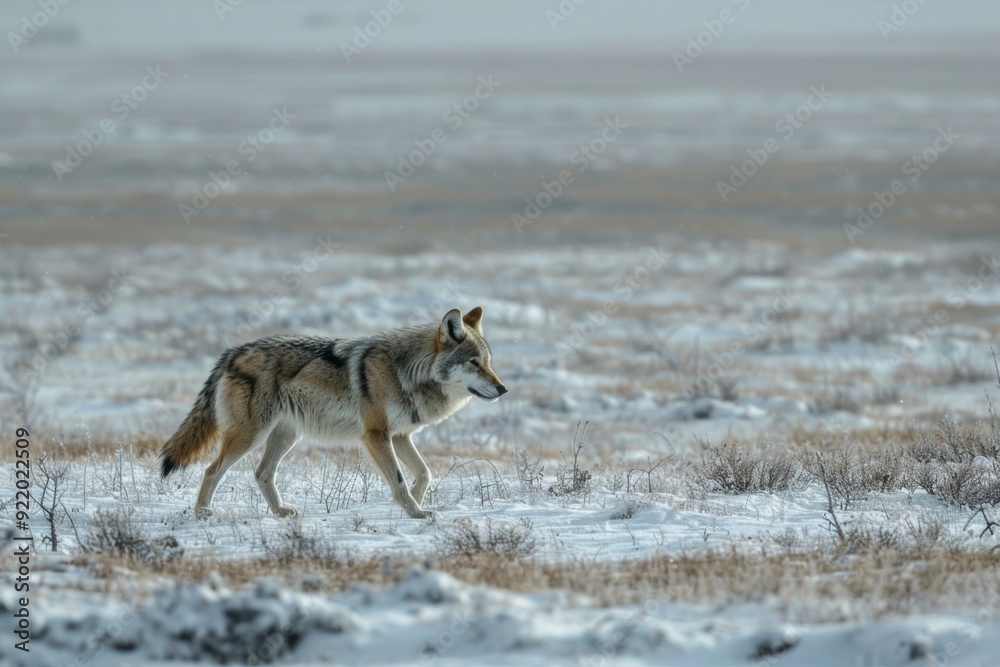 Naklejka premium Gray wolf surveys the icy tundra, its fur thick and protective against the harsh cold. The stark landscape highlights the wolf’s strength and adaptability in the wild.