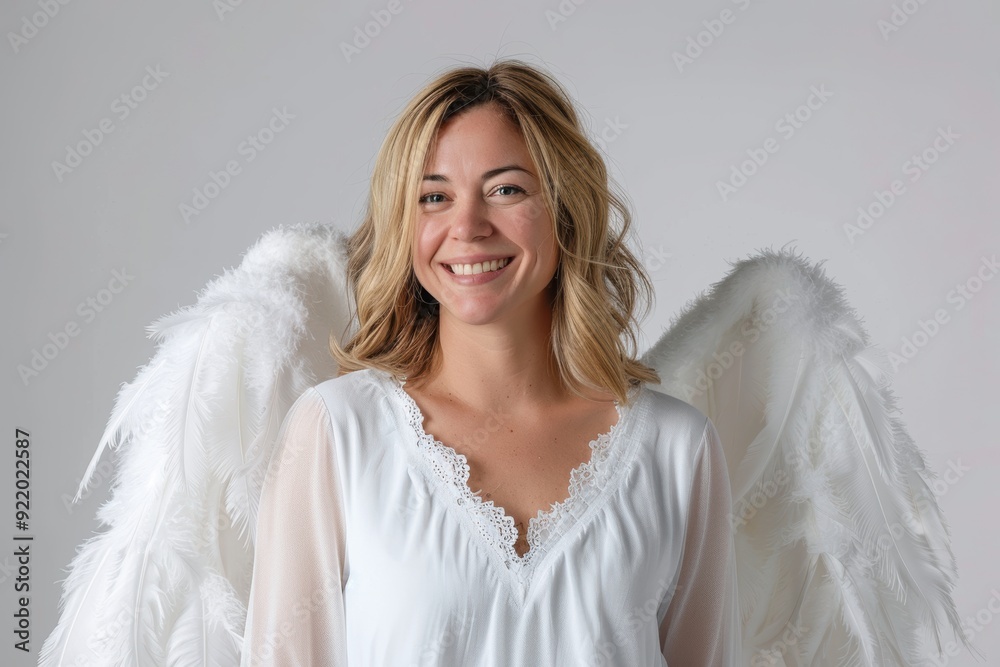young caucasian blonde woman dressed in a pure white angel costume with feathered wings, exuding joy and elegance. Her bright smile and peaceful demeanor. young caucasian blonde woman dressed in a pure white angel costume with feathered wings, exuding joy and elegance. Her bright smile and peaceful demeanor.