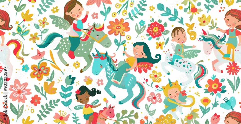 Fototapeta premium Kids are riding playful fantasy horses surrounded by blooming flowers and joyful elements in a lively outdoor atmosphere