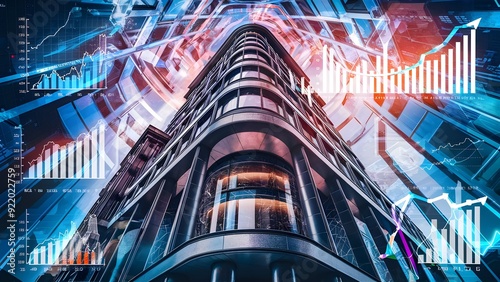 Computerized portrayal of a bank working with monetary information overlay, set on a dynamic computerized foundation, idea of fintech.Generative Ai