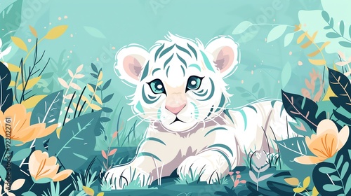 Create a illustration of a Rare white Bengal tigerin a kawaii style, simplified to feature fewer elements for a cleaner look, Use a color palette that is appealing to children, with bright and