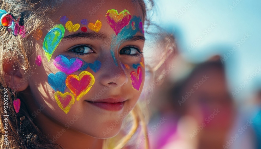 Young girl with colorful face paint smiling at a summer festival Young girl with colorful face paint smiling at a summer festival
