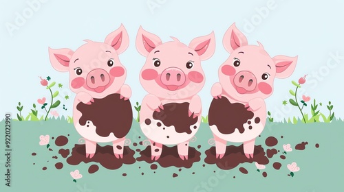 Create a illustration of a Playful piglets rolling in mudin a kawaii style, simplified to feature fewer elements for a cleaner look, Use a color palette that is appealing to children, with brig