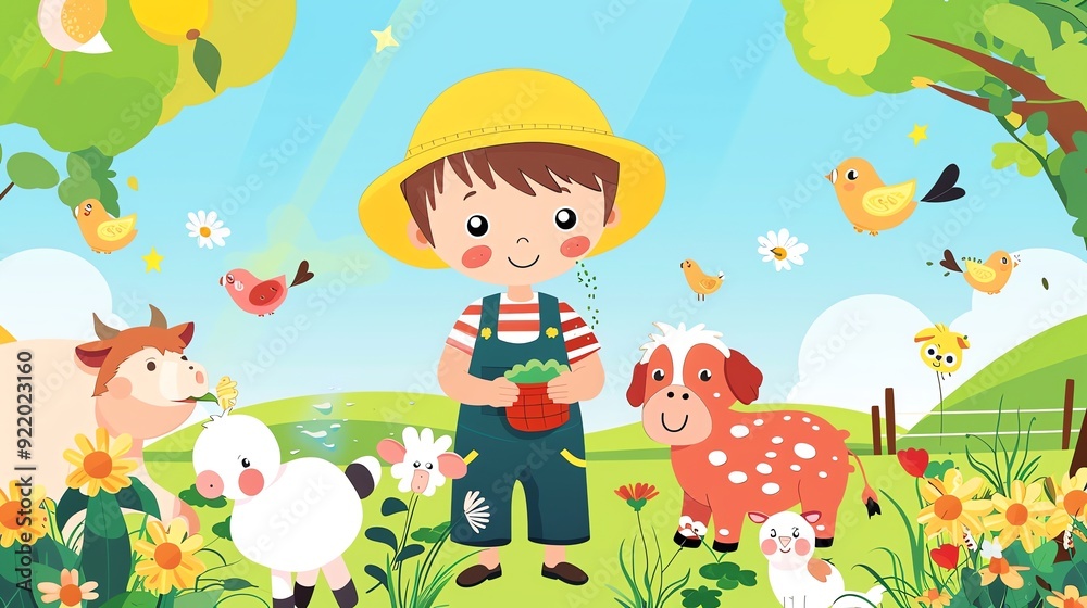 Obraz premium Create a illustration of a Farmer feeding the animalsin a kawaii style, simplified to feature fewer elements for a cleaner look, Use a color palette that is appealing to children, with bright a
