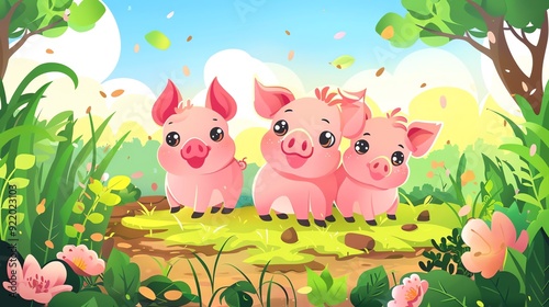 Create a vector illustration of a Playful piglets rolling in mudin a kawaii style, simplified to feature fewer elements for a cleaner look, Use a color palette that is appealing to children, with brig photo