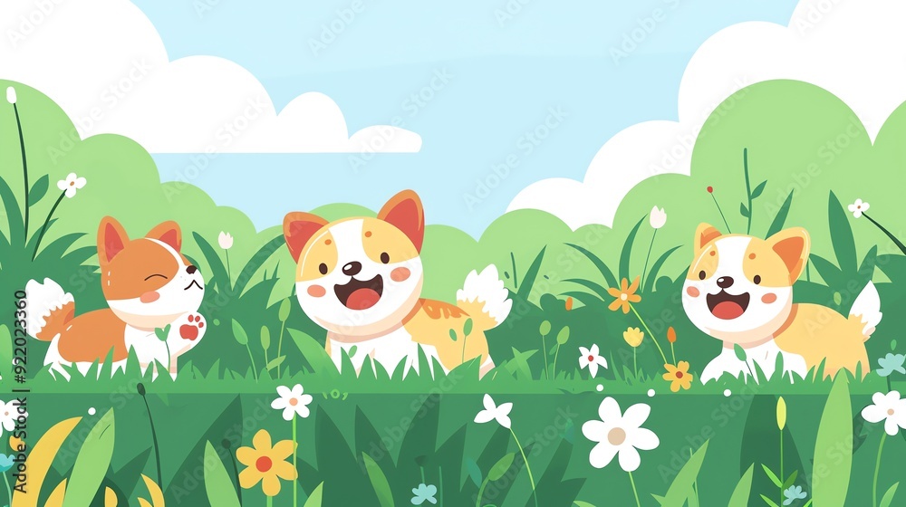 Naklejka premium Create a illustration of a Puppies frolicking in the grassin a kawaii style, simplified to feature fewer elements for a cleaner look, Use a color palette that is appealing to children, with bri