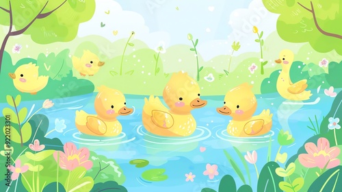 Create a illustration of a Ducklings swimming in a pondin a kawaii style, simplified to feature fewer elements for a cleaner look, Use a color palette that is appealing to children, with bright