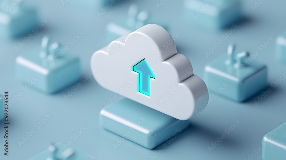 3D illustration of a cloud icon with an upward arrow, symbolizing cloud ...