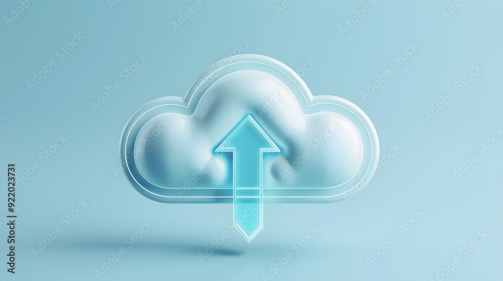 3D illustration of a cloud icon with an upward arrow, symbolizing cloud storage, backup, and data upload. Light blue background. 3D illustration of a cloud icon with an upward arrow, symbolizing cloud storage, backup, and data upload. Light blue background.
