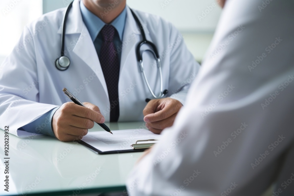 Doctor wears white gown talking with a patient adult stethoscope accessories.
