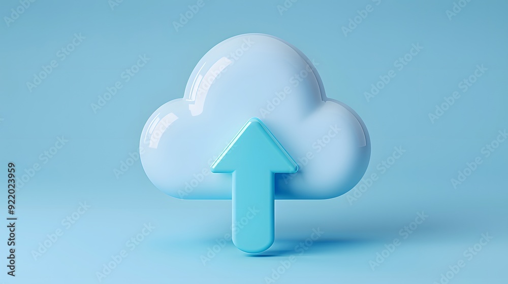 3D illustration of a cloud symbol with an upward arrow, representing data upload and cloud storage technology on a blue background. 3D illustration of a cloud symbol with an upward arrow, representing data upload and cloud storage technology on a blue background.