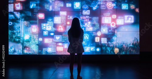 Backview Of Caucasian Woman Connecting To Animated Stream of Content. Browsing Multimedia all-in-one Entertainment, Messaging, TV, Videos, Emoji, Sharing, Video Game Playing, Fintech, Online Shopping.