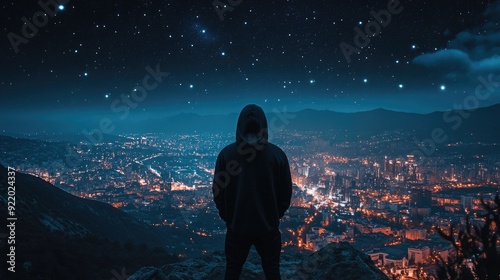 Wallpaper Mural A man, wearing a hooded sweatshirt, stands on a mountain, observed from behind, with a view of the night city with a telescope and stars scattered in the sky Torontodigital.ca