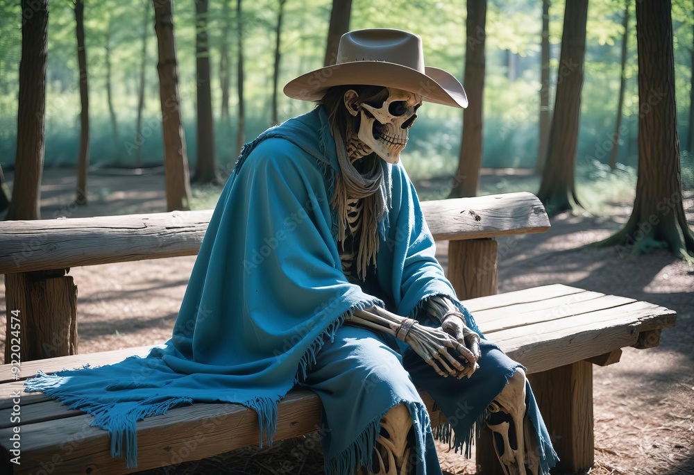 A skeleton wearing a cowboy hat and poncho, sitting on a wooden bench A skeleton wearing a cowboy hat and poncho, sitting on a wooden bench