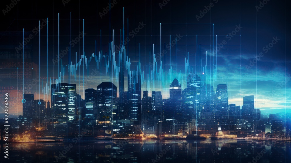 A digital cityscape with data visualization elements overlaying a skyline at dusk. A digital cityscape with data visualization elements overlaying a skyline at dusk.