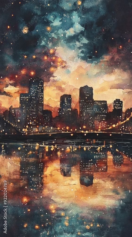 Obraz premium Cityscape reflecting on water under starry sky