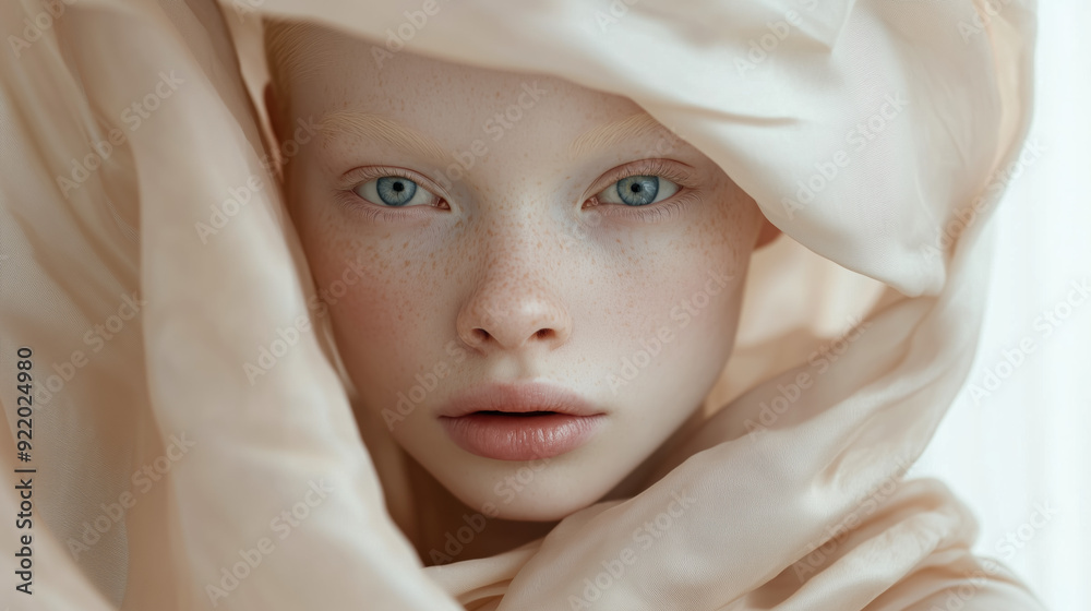 Detailed Portrait of Albino Woman with Light Blue Eyes Wearing Beige Silk Dress, Soft Colors, and Clean Background Detailed Portrait of Albino Woman with Light Blue Eyes Wearing Beige Silk Dress, Soft Colors, and Clean Background