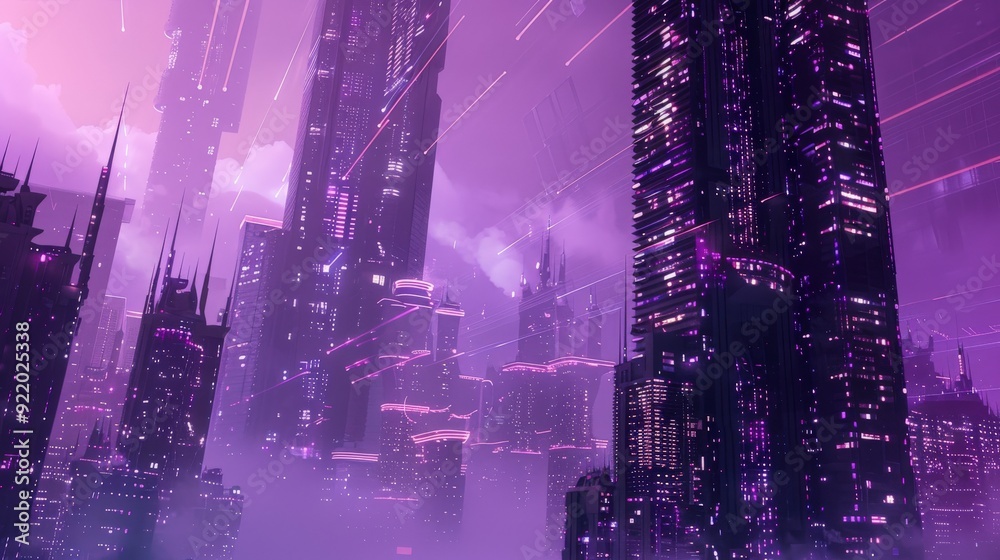A futuristic cityscape with towering skyscrapers illuminated in purple and blue hues. A futuristic cityscape with towering skyscrapers illuminated in purple and blue hues.
