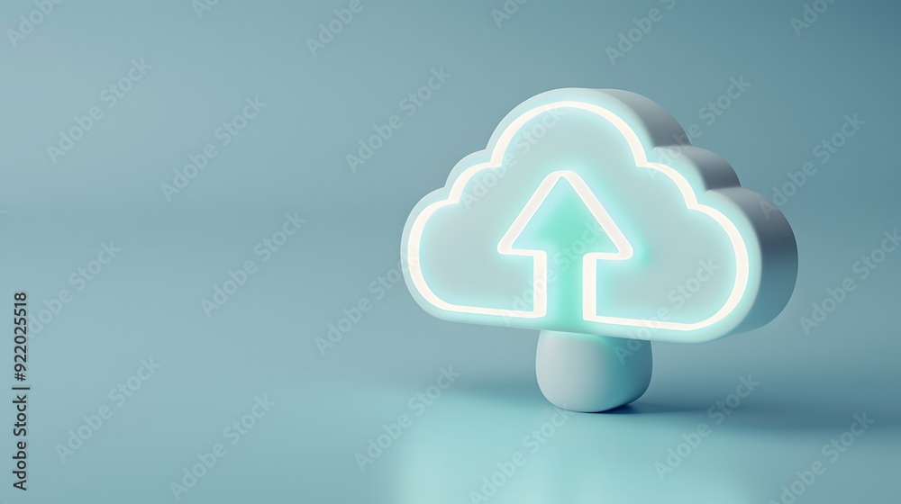 3D illustration of a glowing cloud icon with an upward arrow on a blue background, symbolizing cloud computing and data upload. 3D illustration of a glowing cloud icon with an upward arrow on a blue background, symbolizing cloud computing and data upload.